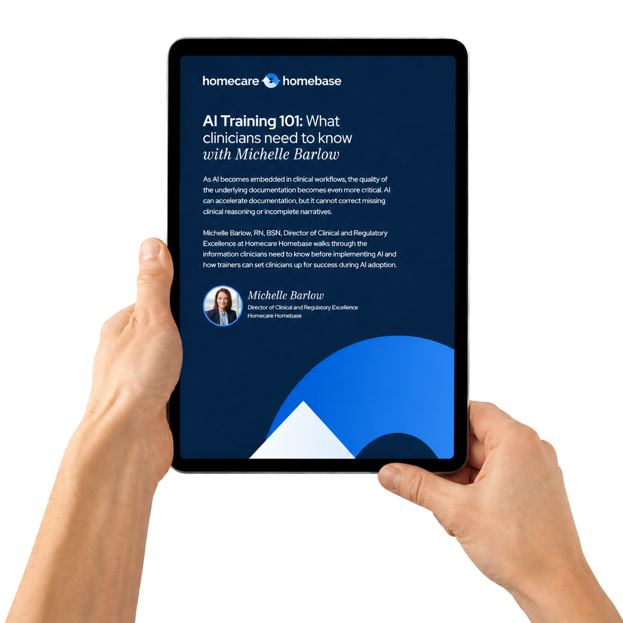 Hands holding a tablet showing the AI Training 101 guide